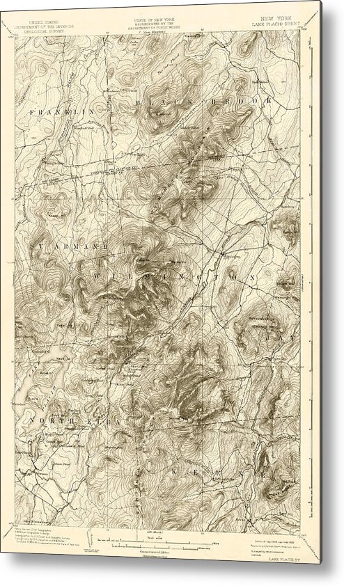 Lake Metal Print featuring the digital art 1894 Lake Placid Geological Survey Map Adirondacks Sepia by Toby McGuire