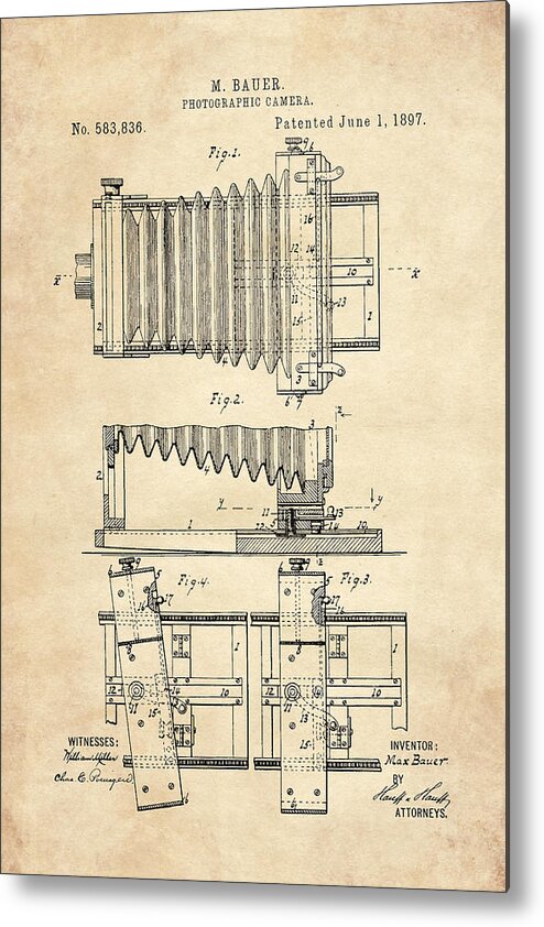 Patent Metal Print featuring the digital art 1897 Camera US Patent Invention Drawing - Vintage Tan by Todd Aaron