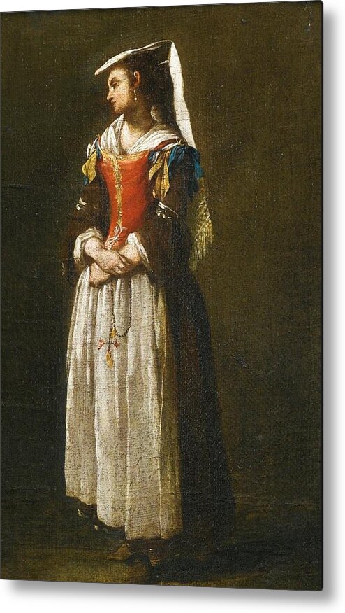 A Young Woman Dressed In Neapolitan Fashion' By Jean Barbault Metal Print featuring the painting A Young Woman Dressed in Neapolitan Fashion by MotionAge Designs