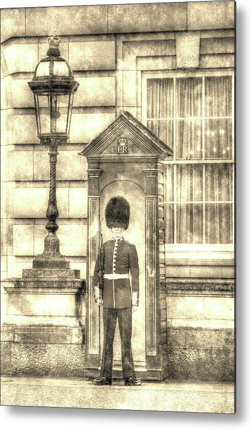 Buckingham Palace Metal Print featuring the photograph Buckingham Palace Queens Guard Vintage #2 by David Pyatt