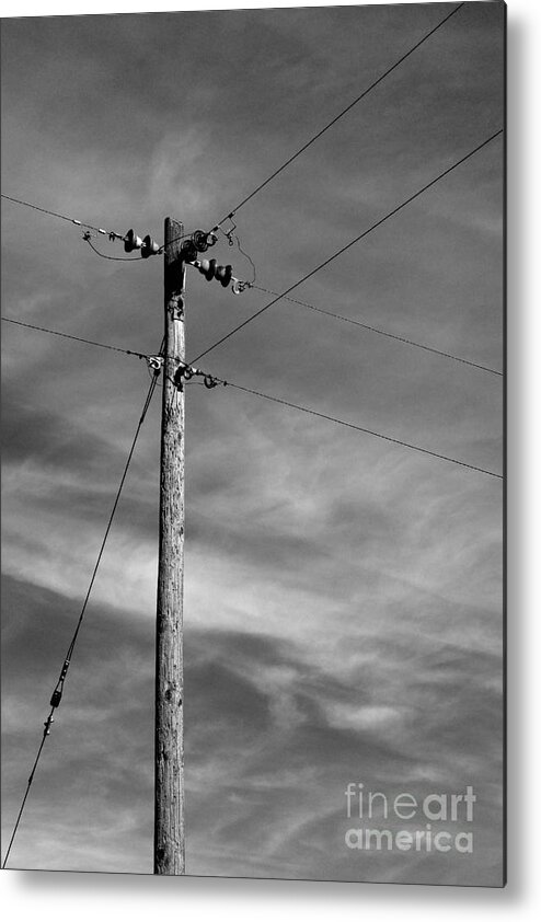 Electric Electrical Electricity Sky Cloud Clouds Black White Monochrome Power Pole High Voltage Volt Volts Wire Wiring Metal Print featuring the photograph 7200v Tee 9178 by Ken DePue