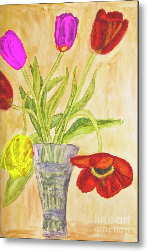 Art Metal Print featuring the painting Hand painted picture, tulips in vase #9 by Irina Afonskaya