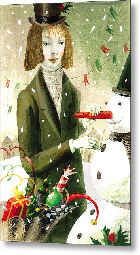 Girl Metal Print featuring the painting A Girl with a Snowman by Victoria Fomina