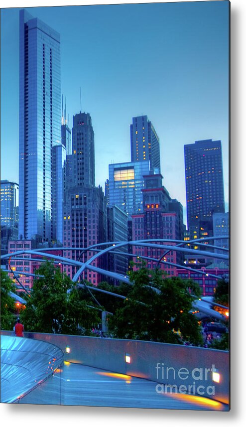 Amoco Bridge Metal Print featuring the photograph A View of Millenium Park from the Amoco Bridge in Chicago at Dus by David Levin