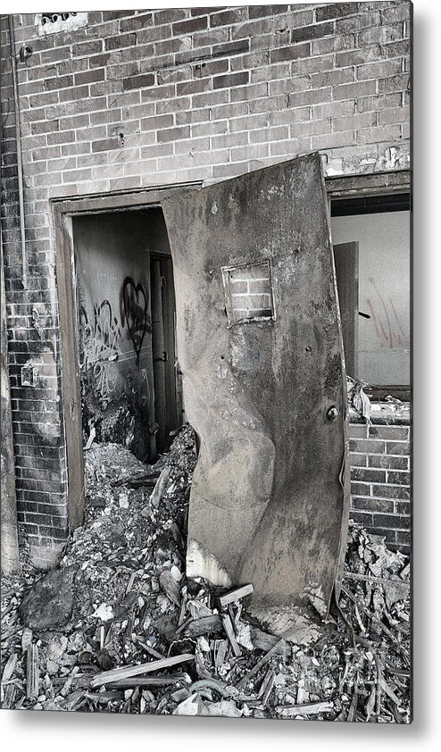 Black White Monochrome Abandoned Factory Abandon Burn Burned Decrepit Door Rubble Destroy Destroyed Metal Print featuring the photograph Abandoned Factory No 18 1964 by Ken DePue