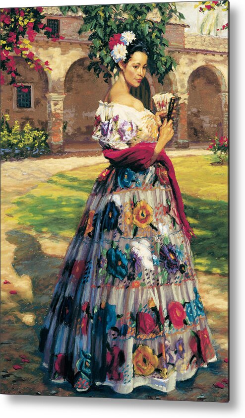 Woman Elaborately Embroidered Mexican Dress. Background Mission San Juan Capistrano. Metal Print featuring the painting Al Aire Libre by Jean Hildebrant
