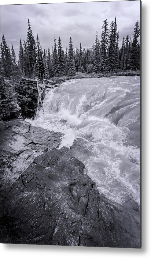Joan Carroll Metal Print featuring the photograph Athabasca Falls Jasper National Park BW by Joan Carroll