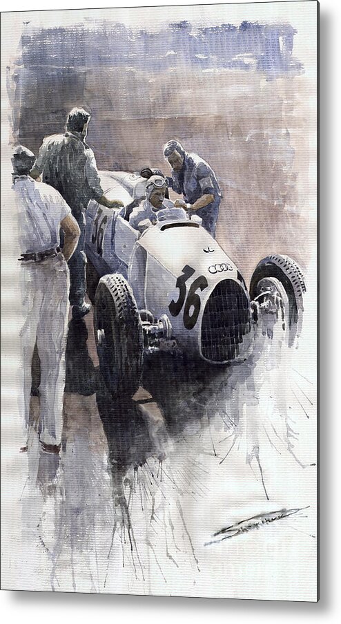 Auto Metal Print featuring the painting Auto Union B type 1935 Italian GP Monza B Rosermeyer by Yuriy Shevchuk