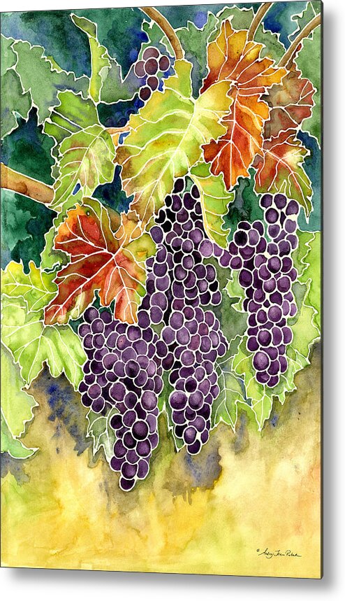 Cabernet Sauvignon Grapes Metal Print featuring the painting Autumn Vineyard in its Glory - Batik Style by Audrey Jeanne Roberts