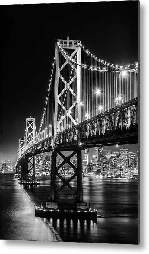 Bay Area Metal Print featuring the photograph Bay Bridge and San Francisco By Night 9 Monochrome by Jason Chu