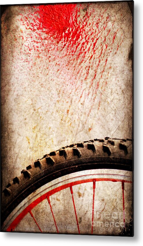 Abstract Metal Print featuring the photograph Bike wheel Red spray by Silvia Ganora
