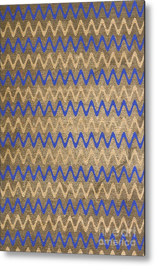Abstract Metal Print featuring the digital art Blue and Tan Zigzag Stripes on Grungy Brown Burlap Illustration by PIPA Fine Art - Simply Solid