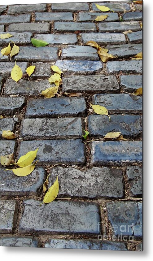Blue Metal Print featuring the photograph Blue Bricks With Yellow 2 by Suzanne Oesterling
