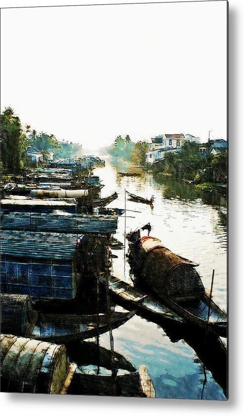Asia Metal Print featuring the digital art Boathouses in Vietnam by Cameron Wood
