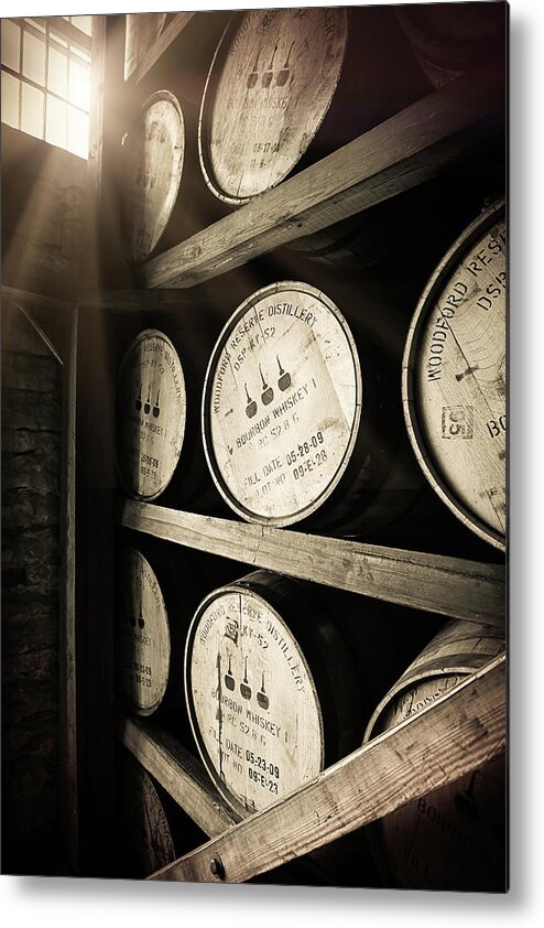 Bourbon Barrel Metal Print featuring the photograph Bourbon Barrels by Window Light by Karen Varnas