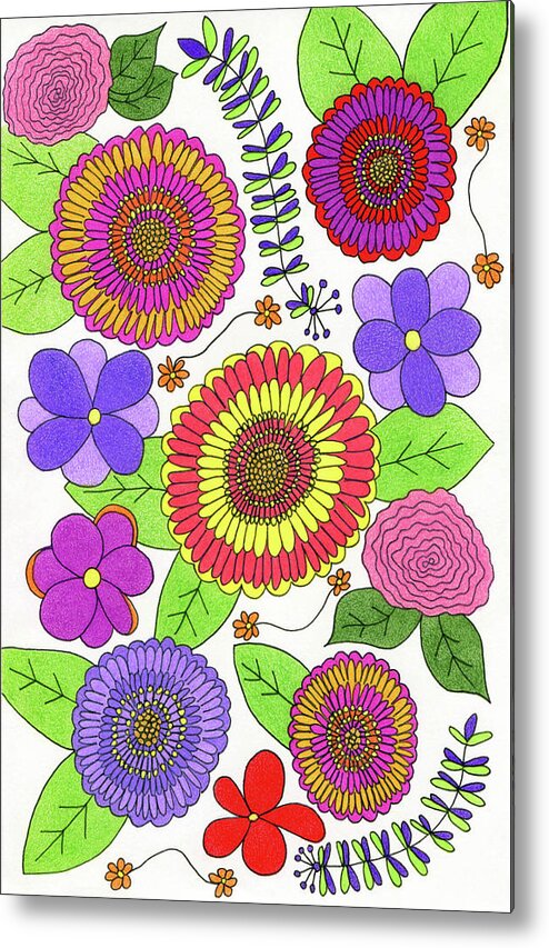 Colorful Flowers Metal Print featuring the drawing Bright and Cheery Flowers by Lisa Blake