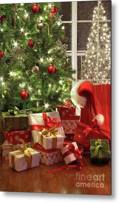 Background Metal Print featuring the photograph Brightly lit christmas tree with lots of gifts by Sandra Cunningham