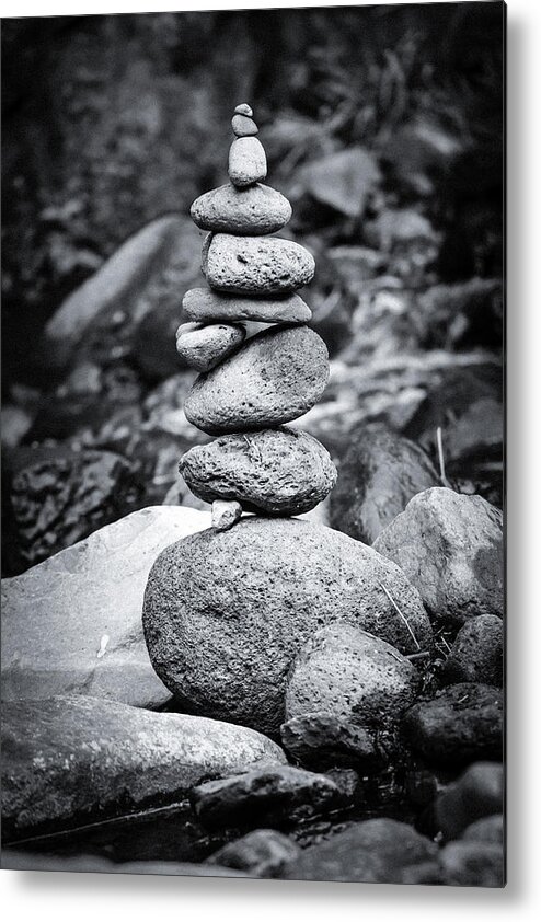 Inuksuk Metal Print featuring the photograph Cairn - Black and White by The Flying Photographer