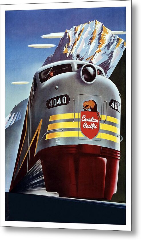 Canadian Pacific Metal Print featuring the mixed media Canadian Pacific - Railroad Engine, Mountains - Retro travel Poster - Vintage Poster by Studio Grafiikka