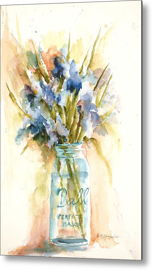 Still Life Metal Print featuring the painting Canning Irises by Sandra Strohschein