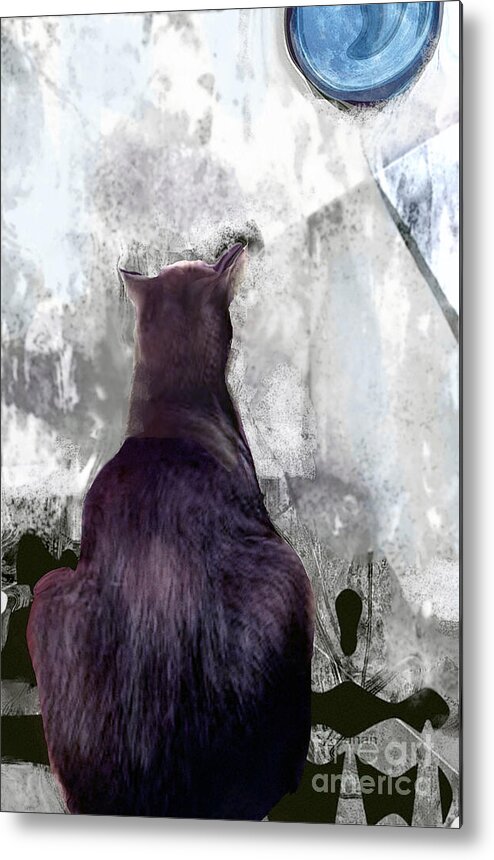 Cat Metal Print featuring the mixed media Cat's Blue Moon by Zsanan Studio