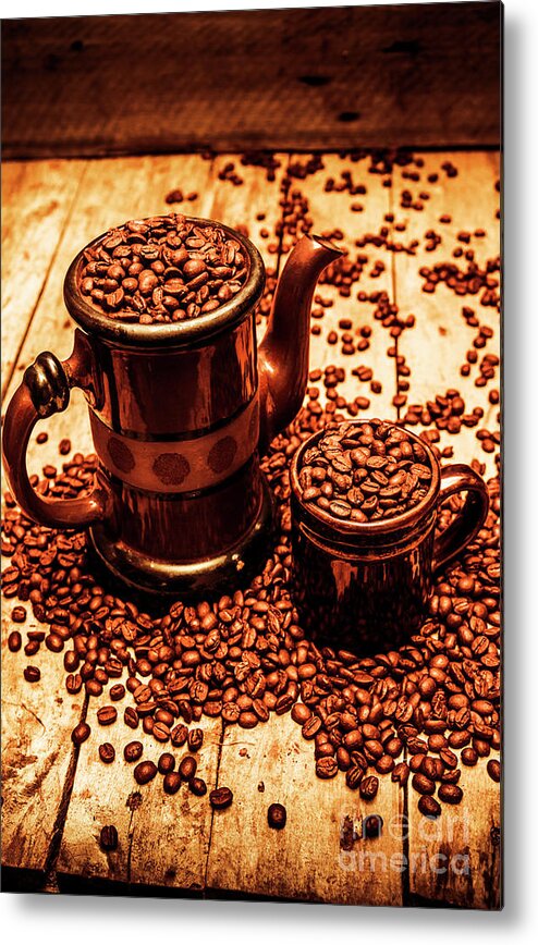 Hot Metal Print featuring the photograph Ceramic coffee pot and mug overflowing with beans by Jorgo Photography