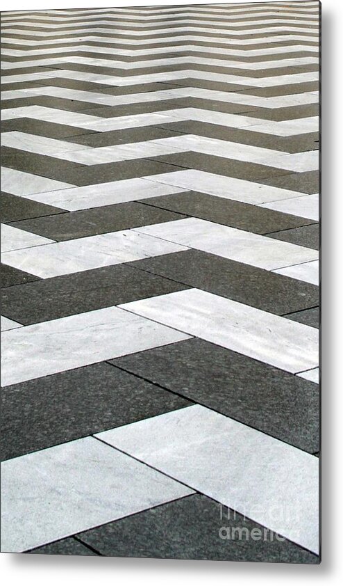 Chevron Stripes Tile Pattern Abstract black And White Square Rectangle Floor Wall Grid Metal Print featuring the mixed media Chevron by Linda Woods