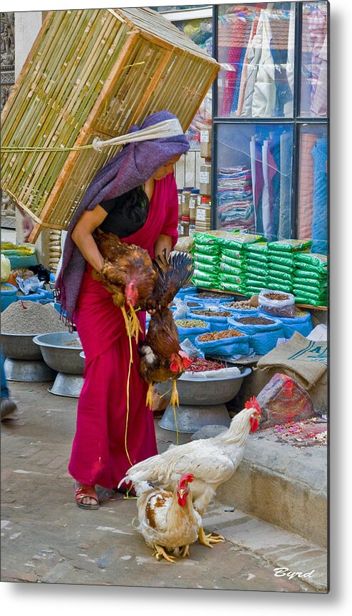 Chickens Metal Print featuring the photograph Chicken lady in Patan a suburb of Kathmandu Nepal by Christopher Byrd