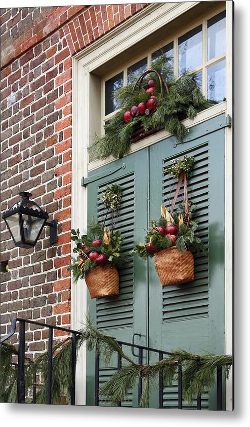 Double Green Doors Metal Print featuring the photograph Christmas Welcome by Sally Weigand