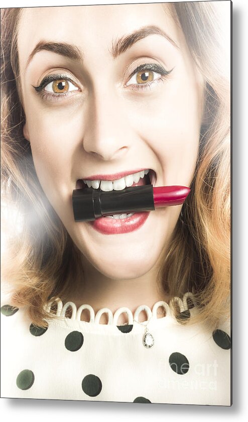 Lipstick Metal Print featuring the photograph Cosmetic pin up with lipstick smile by Jorgo Photography