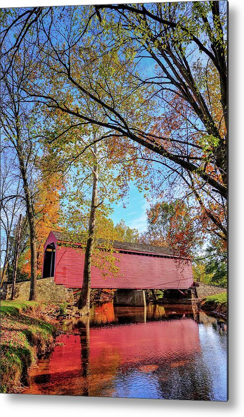 Autumn Metal Print featuring the photograph Covered Bridge in Maryland in Autumn by Patrick Wolf