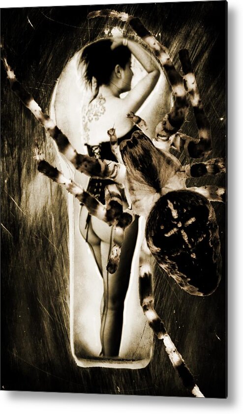 Nude Woman Voyeur Lingerie Spider Metal Print featuring the photograph Creep by Adam Smith