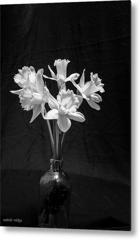 Daffodils Metal Print featuring the photograph Daffodils in a Vase - Monochrome by Aashish Vaidya