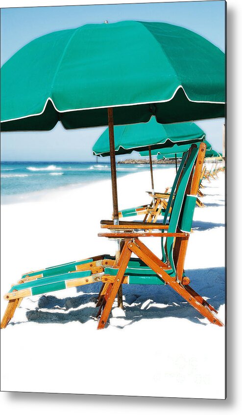 Destin Metal Print featuring the photograph Destin Florida Beach Chairs and Green Umbrella Vertical Diffuse Glow Digital Art by Shawn O'Brien