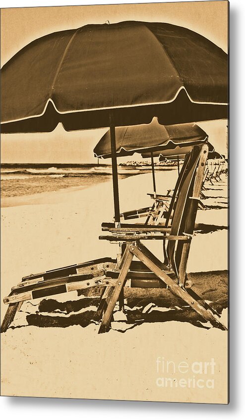 Destin Metal Print featuring the photograph Destin Florida Beach Chairs and Green Umbrella Vertical Rustic Digital Art by Shawn O'Brien