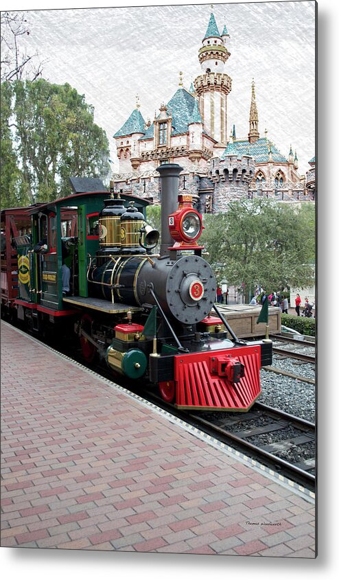 Photo Art Metal Print featuring the photograph Disneyland Railroad Engine 3 With Castle by Thomas Woolworth