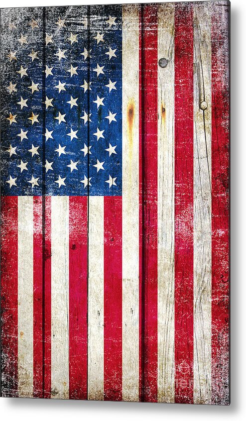 American Metal Print featuring the digital art Distressed American Flag On Wood - Vertical by M L C