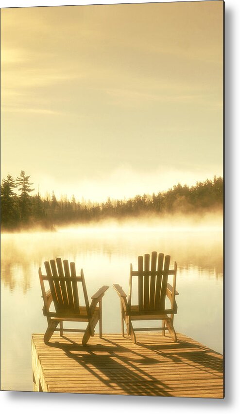 Calming Metal Print featuring the photograph D.reede Chairs On Dock, Whiteshell Pp by First Light