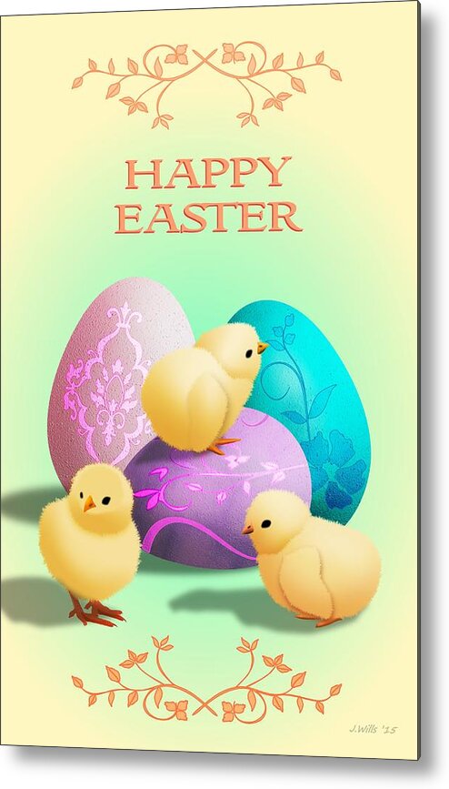 John Wills Art Metal Print featuring the digital art Easter Card with baby chicks by John Wills