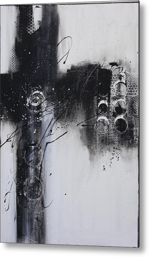 Acrylic Painting On Canvas In Black And White With Embellishments Metal Print featuring the mixed media Fence on a snowy day by Lauren Petit