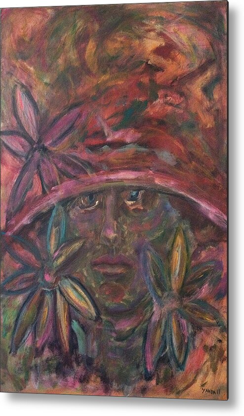 Katt Yanda Original Art Portrait Oil Painting Canvas Flower Girl Lady Colorful Hat Metal Print featuring the painting Flower Girl by Katt Yanda