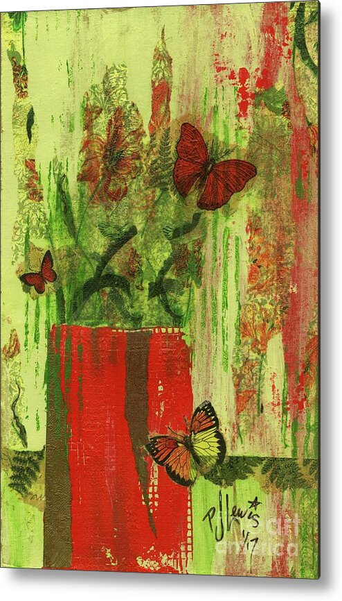 Butterflies Metal Print featuring the mixed media Flowers,Butteriflies, and Vase by PJ Lewis