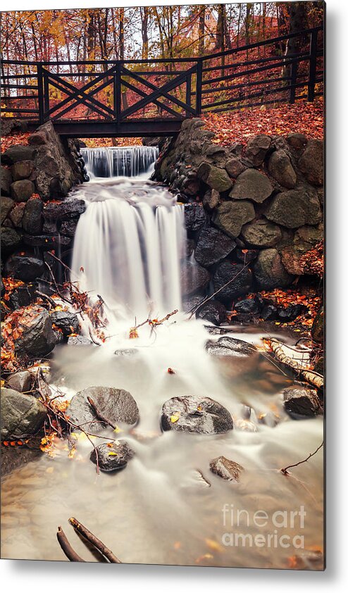 Autumn Metal Print featuring the photograph Forest waterfall by foot bridge by Sophie McAulay