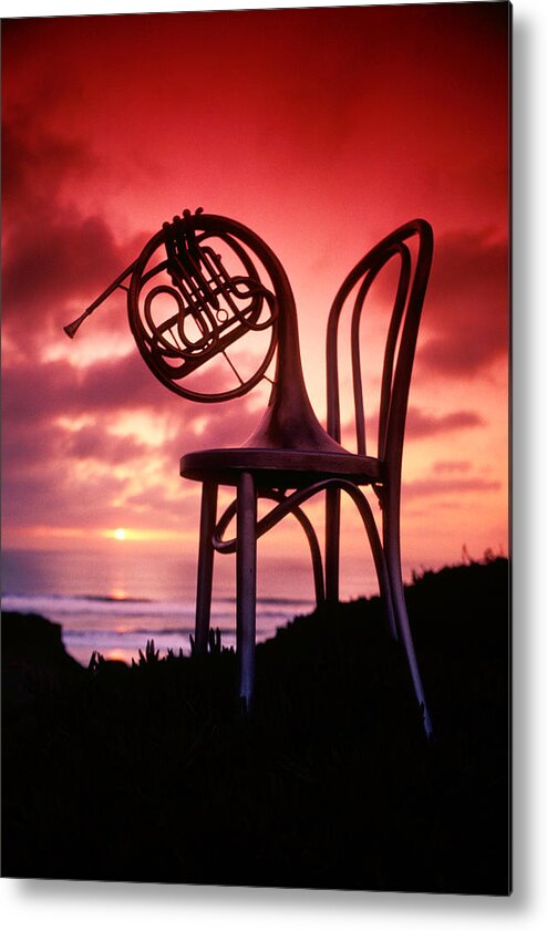 French Horn Metal Print featuring the photograph French horn on chair by Garry Gay