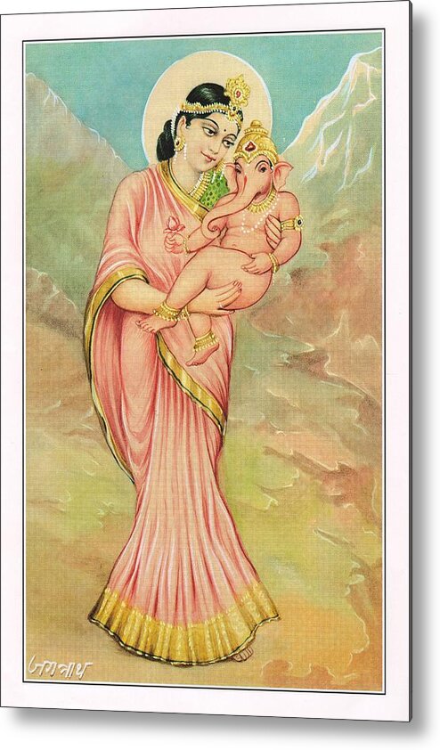 Miniature Mlverk India Artwork Art Gallery Artist Artisan st Gift Online Print Pi Kpa Antique Vintage Prenta Metal Print featuring the painting Goddess Parvati Ganesha Handmade Painting India Vedic Art Mother son by Jagannath