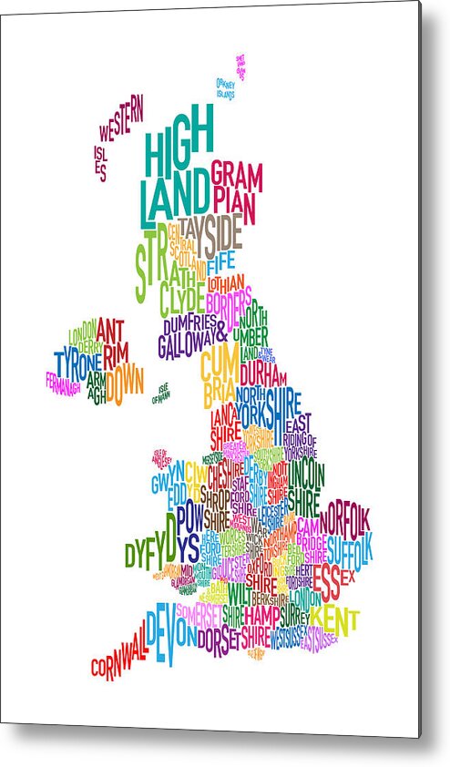 Great Britain Map Metal Print featuring the digital art Great Britain County Text Map by Michael Tompsett
