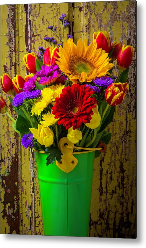 Red Metal Print featuring the photograph Green Bucket Of Spring Flowers by Garry Gay