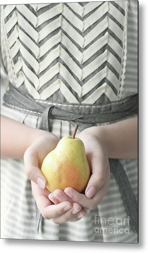 Girl Metal Print featuring the photograph Hands holding yellow pear by Stephanie Frey