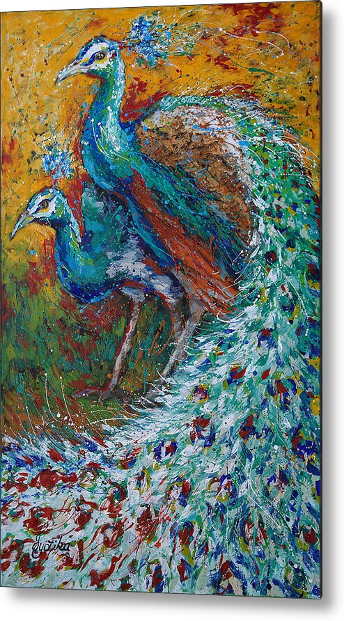 Peacock And Peahen Metal Print featuring the painting Harmonious by Jyotika Shroff