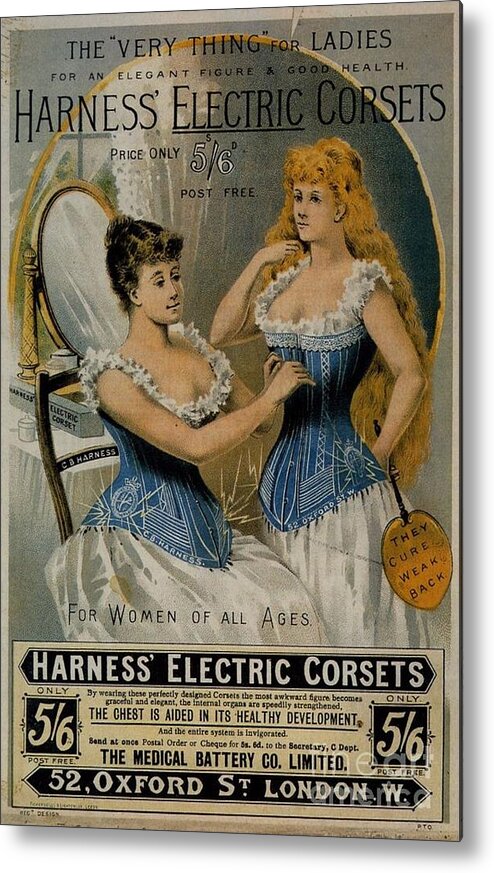 Harness Electric Corsets Vintage Advert Metal Print featuring the painting Harness Electric Corsets vintage advert by Vintage Collectables